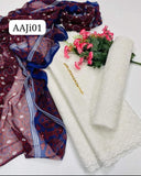 Stuff Cotton Chicken Kari Embroidery Shirt And Trouser With Traditiional Ajrak Chiffon Dupatta 3PC Dress