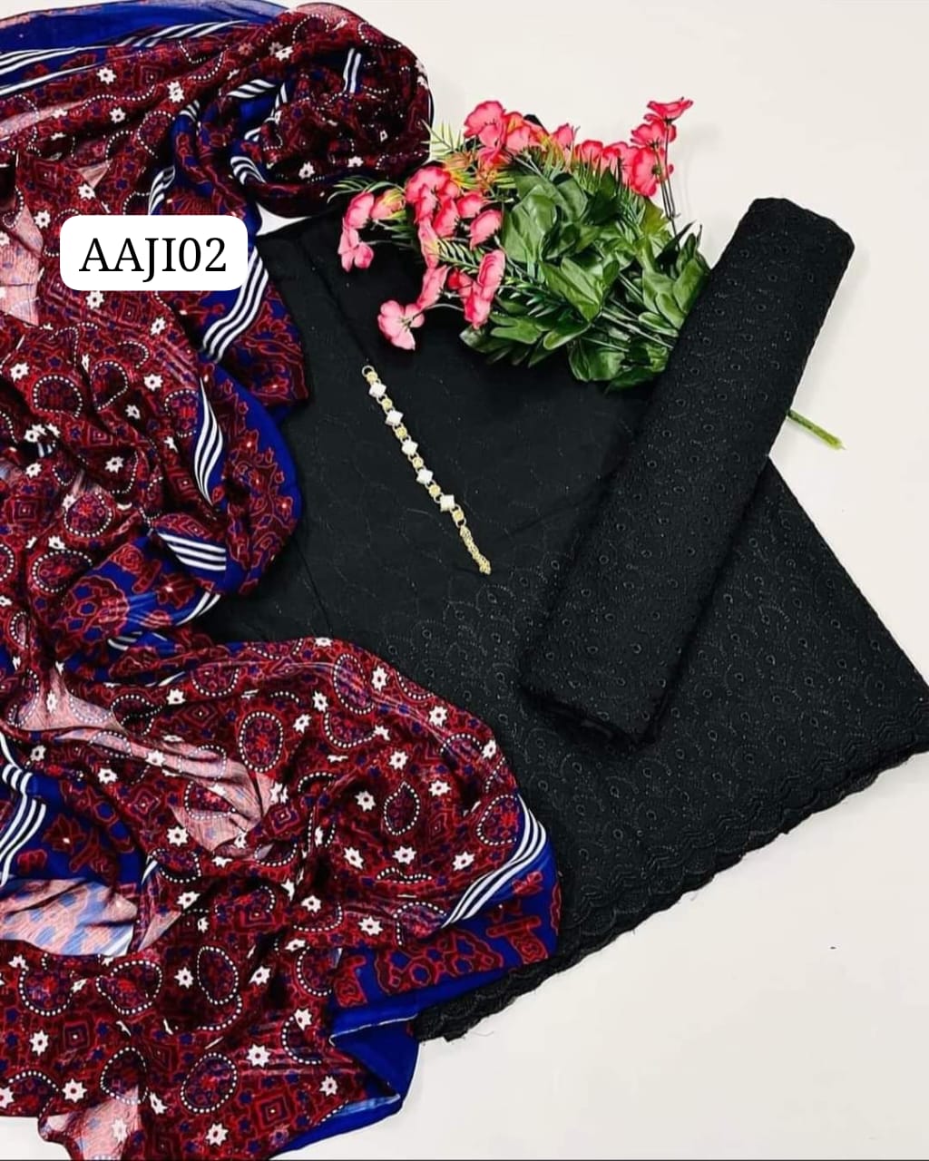 Stuff Cotton Chicken Kari Embroidery Shirt And Trouser With Traditiional Ajrak Chiffon Dupatta 3PC Dress