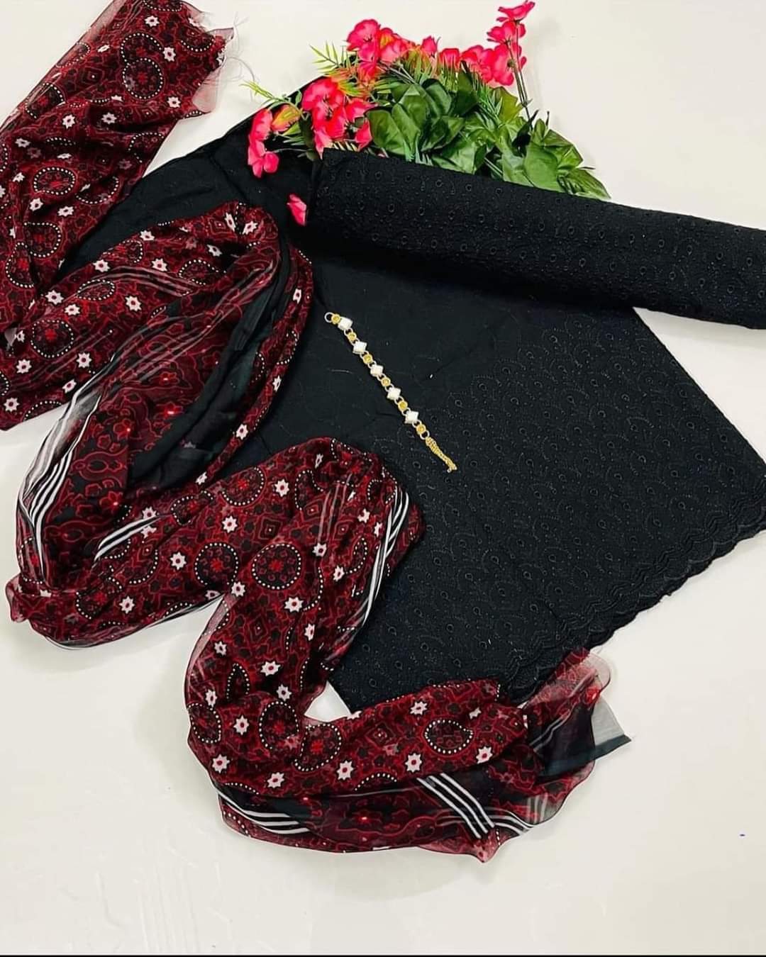 Stuff Cotton Chicken Kari Embroidery Shirt And Trouser With Traditiional Ajrak Chiffon Dupatta 3PC Dress