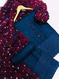 Stuff Cotton Chicken Kari Embroidery Shirt And Trouser With Traditiional Ajrak Chiffon Dupatta 3PC Dress