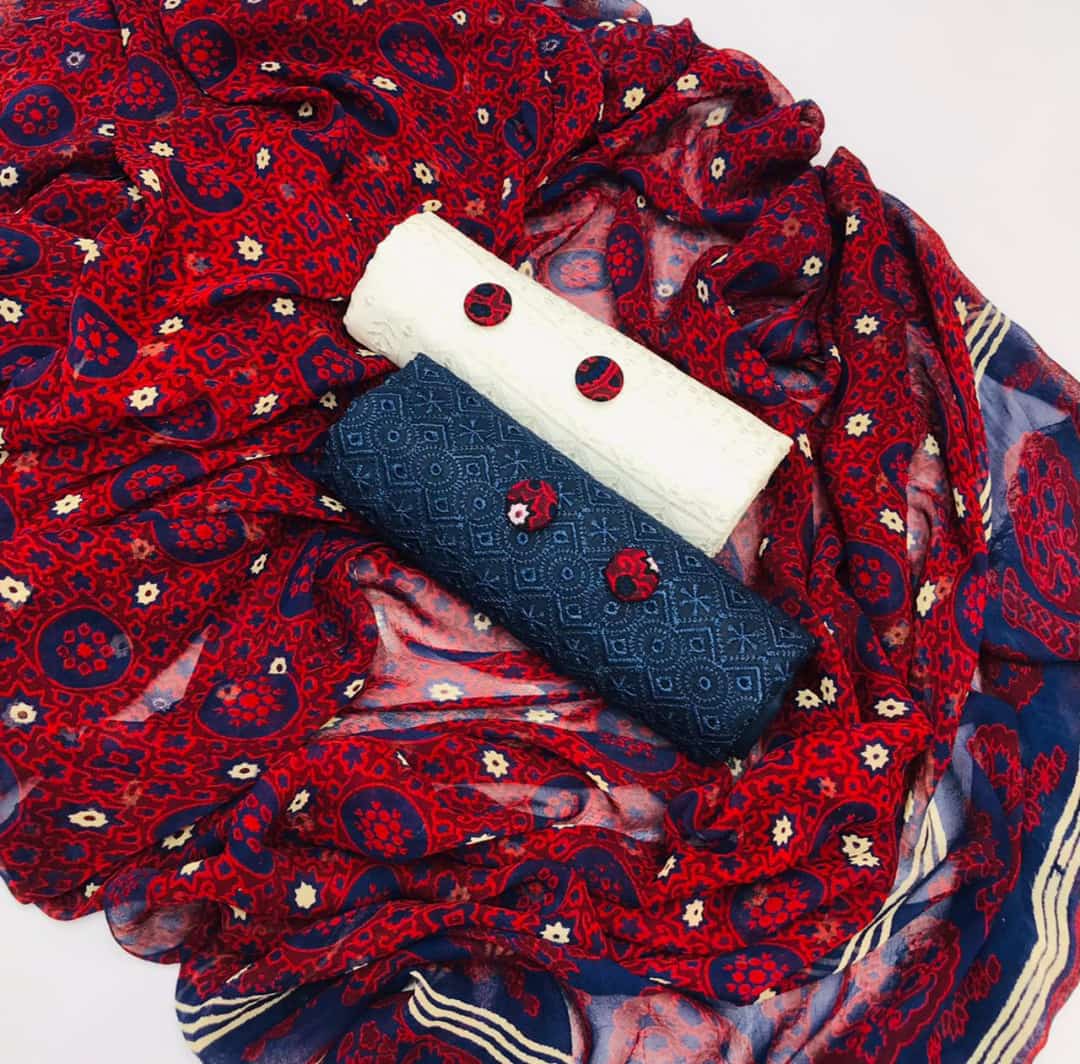 Stuff Cotton Chicken Kari Embroidery Shirt And Trouser With Traditiional Ajrak Chiffon Dupatta 3PC Dress