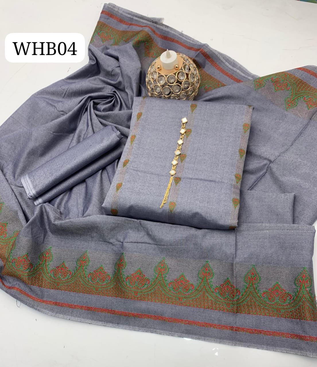 Stuff Lawn Jacquard Brosha Work Shirt ANd Plain Trouser WIth 2 Side Jacquard Border Dupatta 3PC Dress