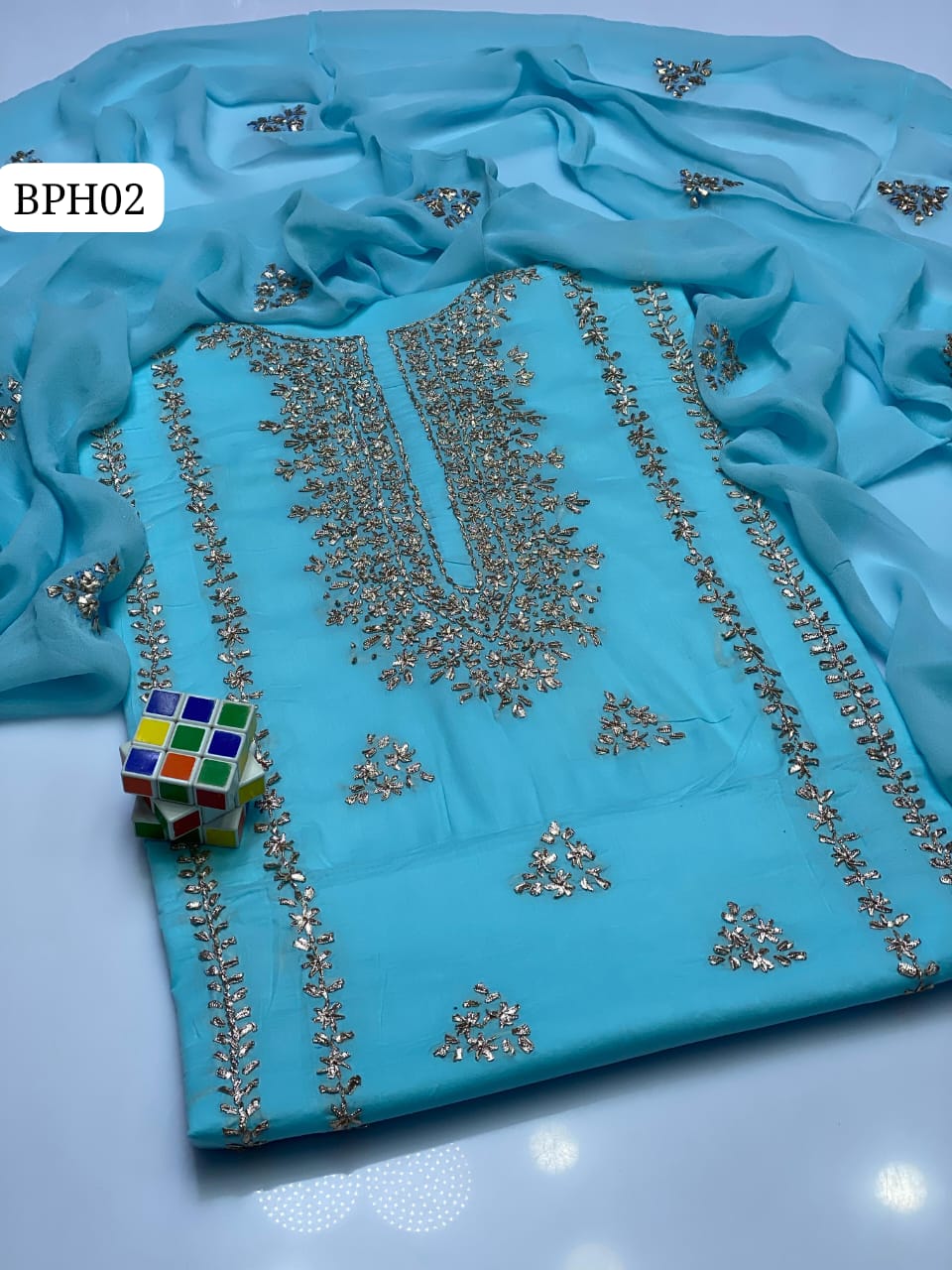 Stuff Lawn GTM Bareeza lawn LCD Gotta Panel Embroidery Shirt And Chifon LCD Gotta WPrk Dupatta With Plain Trouser 3PC Dress