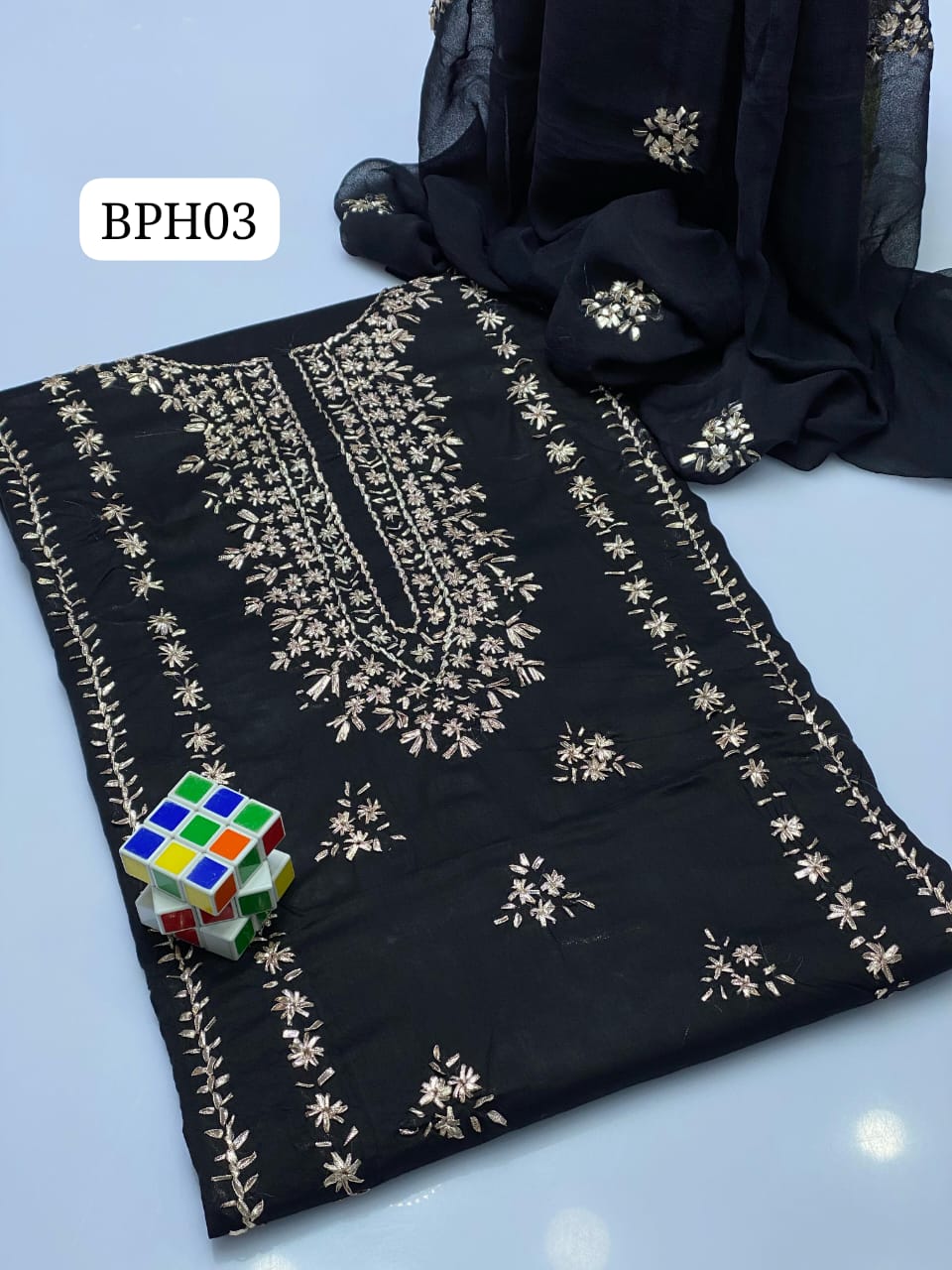 Stuff Lawn GTM Bareeza lawn LCD Gotta Panel Embroidery Shirt And Chifon LCD Gotta WPrk Dupatta With Plain Trouser 3PC Dress