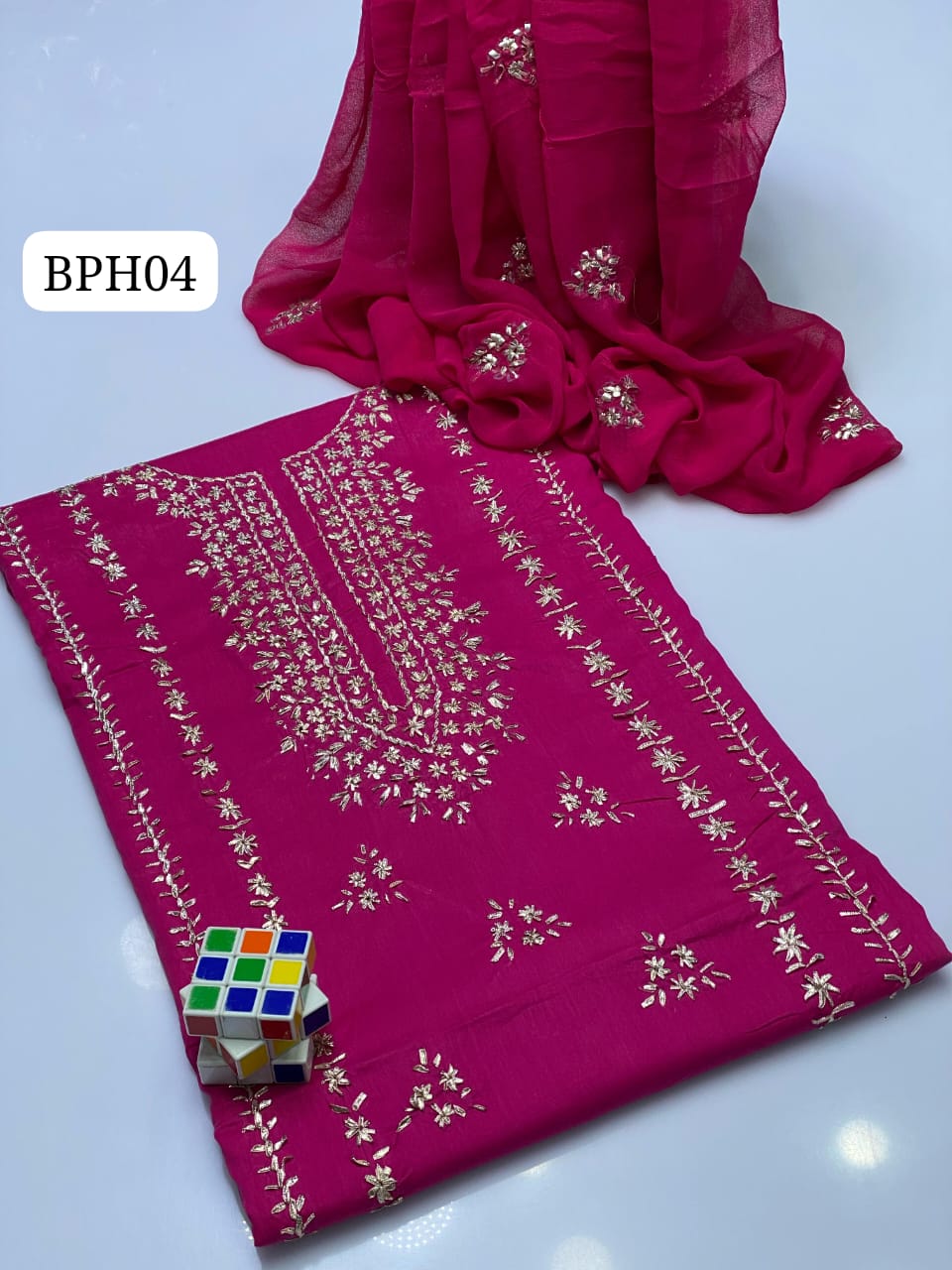 Stuff Lawn GTM Bareeza lawn LCD Gotta Panel Embroidery Shirt And Chifon LCD Gotta WPrk Dupatta With Plain Trouser 3PC Dress
