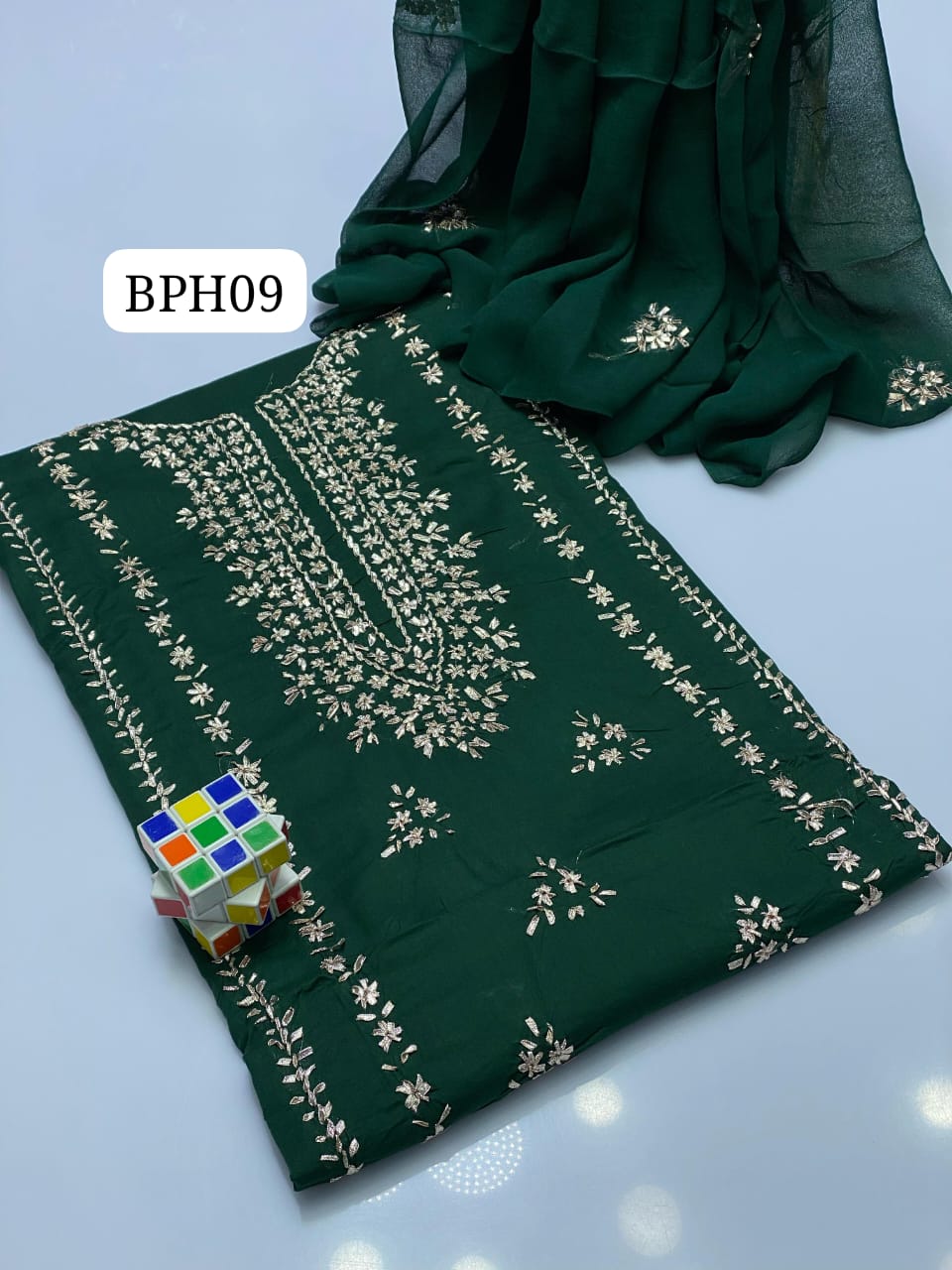 Stuff Lawn GTM Bareeza lawn LCD Gotta Panel Embroidery Shirt And Chifon LCD Gotta WPrk Dupatta With Plain Trouser 3PC Dress