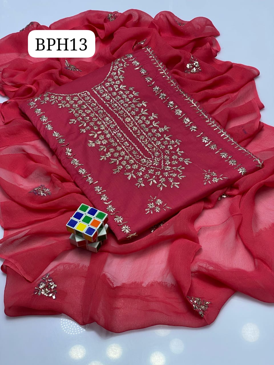 Stuff Lawn GTM Bareeza lawn LCD Gotta Panel Embroidery Shirt And Chifon LCD Gotta WPrk Dupatta With Plain Trouser 3PC Dress
