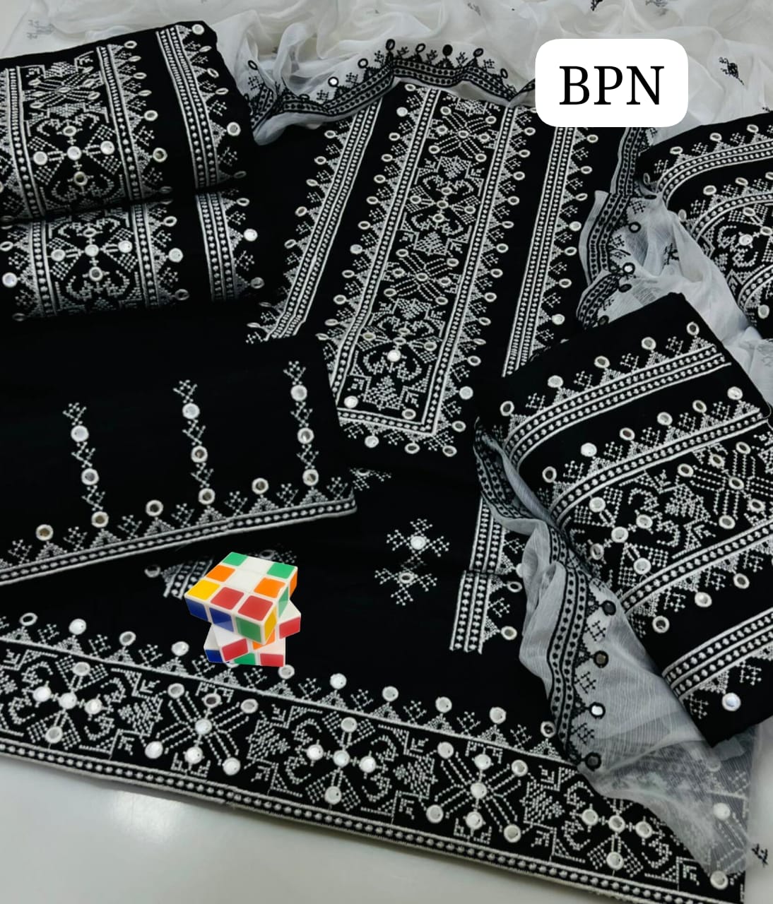 #Cross_Stitch  #Contrass ❇️Stuff Lawn Cotton 3pc ❇️Shirt Front Full Gala Daman 9MM Plastic Mirrors Emb🪡  ❇️Chiffon Dupata 9mm Plastic Mirror Emb 🪡  ❇️Trouser Heavy Emb 🪡