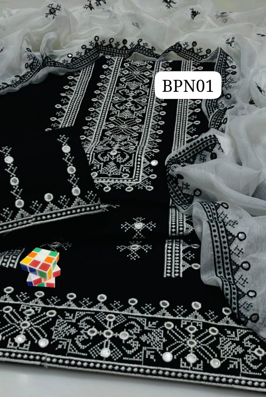 #Cross_Stitch  #Contrass ❇️Stuff Lawn Cotton 3pc ❇️Shirt Front Full Gala Daman 9MM Plastic Mirrors Emb🪡  ❇️Chiffon Dupata 9mm Plastic Mirror Emb 🪡  ❇️Trouser Heavy Emb 🪡