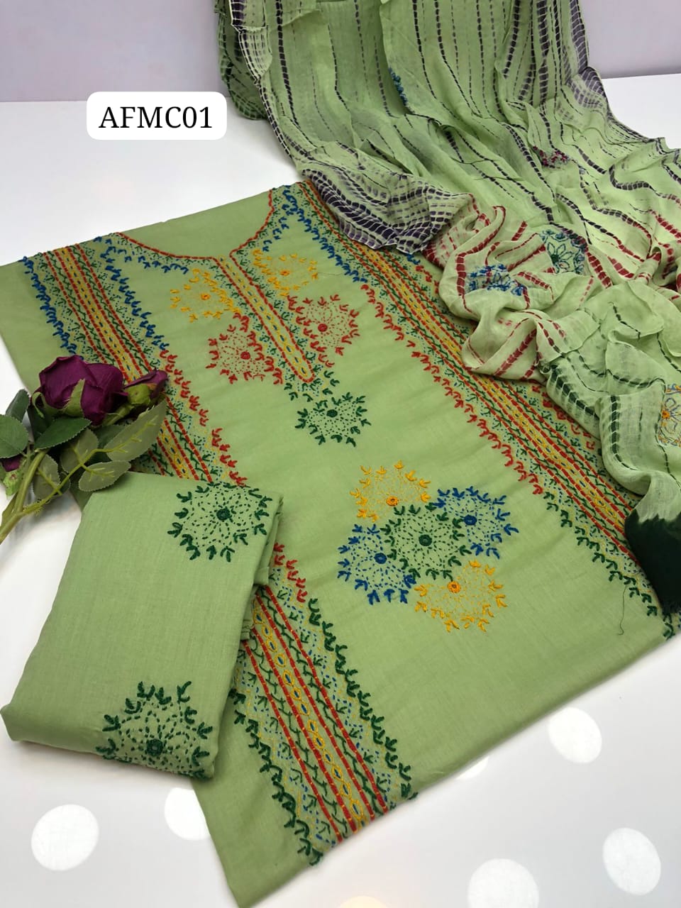 Most Demanding Artical Stuff Soft  Lawn Aghwani Gala bail Shirt, Attach Trouser Along With Chiffon tye&Dye Embroided Dupatta 3pcs Dress