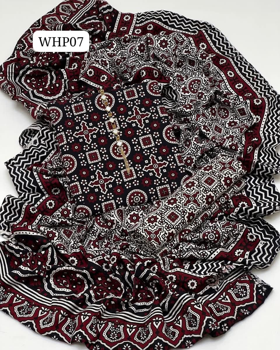 Stuff Pure Cotton Ajrak Print Shirt And mAtching Trouser WIth Traditional Ajrak Dupatta 3PC Dress