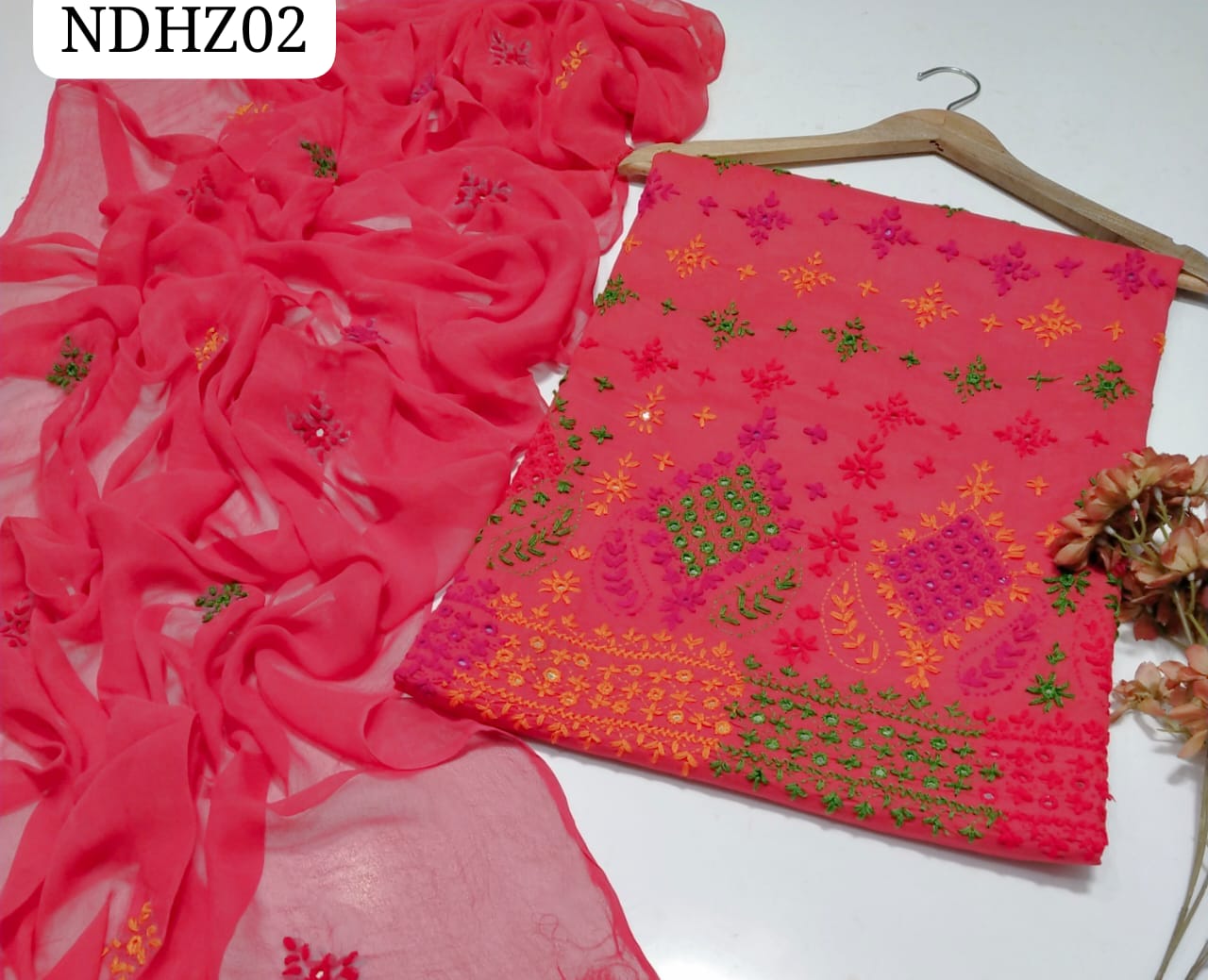 Stuff Pure Lawn 100/100 Handmade balochi Daman Jaal Style Neat Work Shirt And Plain Trouser With Chiffon Embroidery Dupatta 3PC Dress