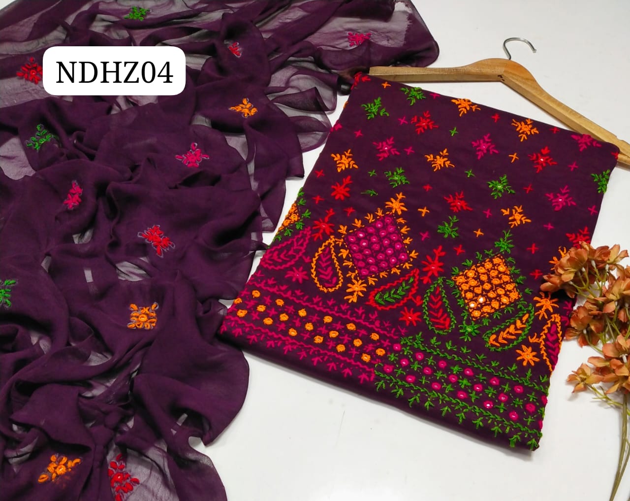 Stuff Pure Lawn 100/100 Handmade balochi Daman Jaal Style Neat Work Shirt And Plain Trouser With Chiffon Embroidery Dupatta 3PC Dress