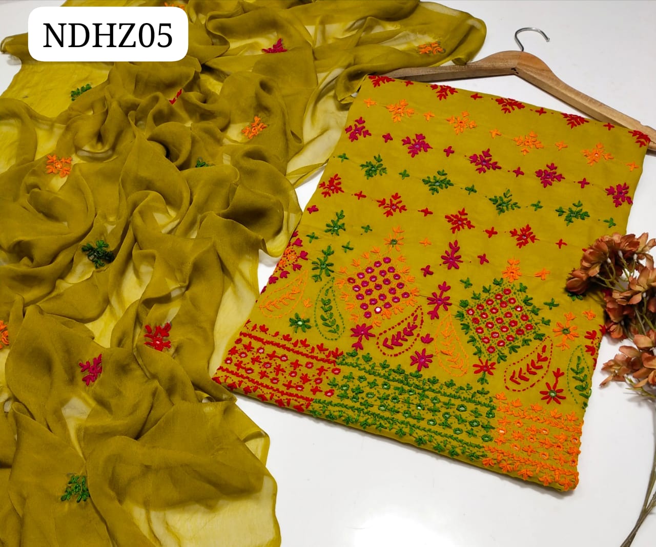 Stuff Pure Lawn 100/100 Handmade balochi Daman Jaal Style Neat Work Shirt And Plain Trouser With Chiffon Embroidery Dupatta 3PC Dress