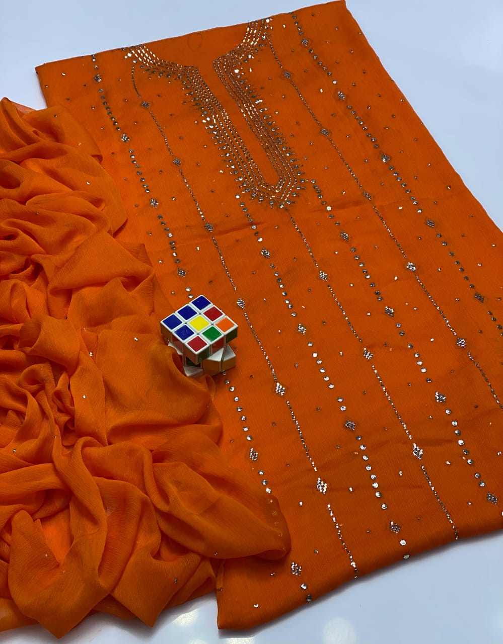 Stuff bember Crinkle  Mukaish Gala Jaal Shirt, Along with bember Crinkle Mukaish Work Dupatta 2pcs  Dress
