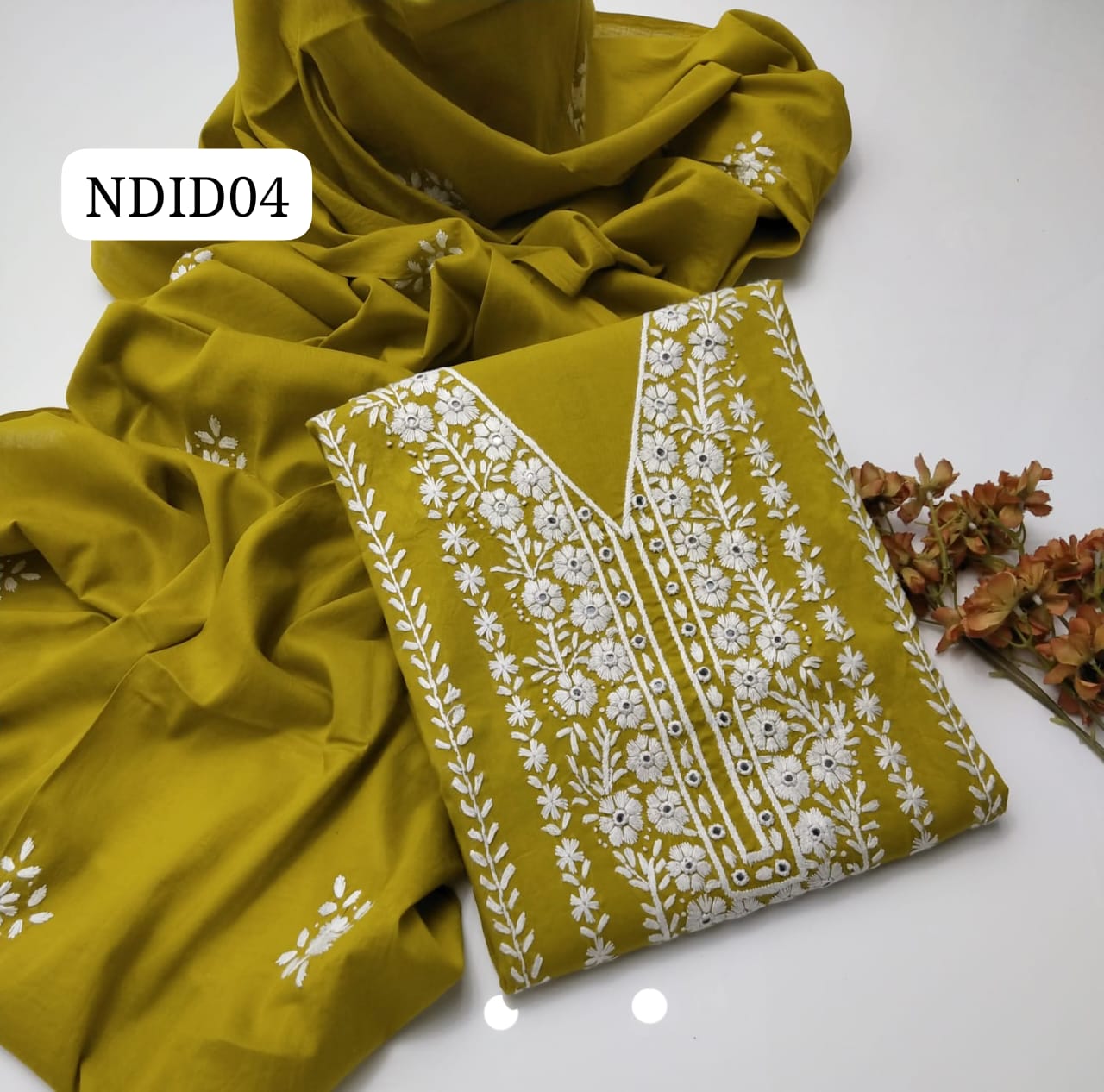 Stuff Pure Lawn 100/100 Handmade Pakka Mirror Gala Botiqe Style Neat Work Shirt And Plain Trouser With Lawn Embroidery Dupatta 3PC Dress