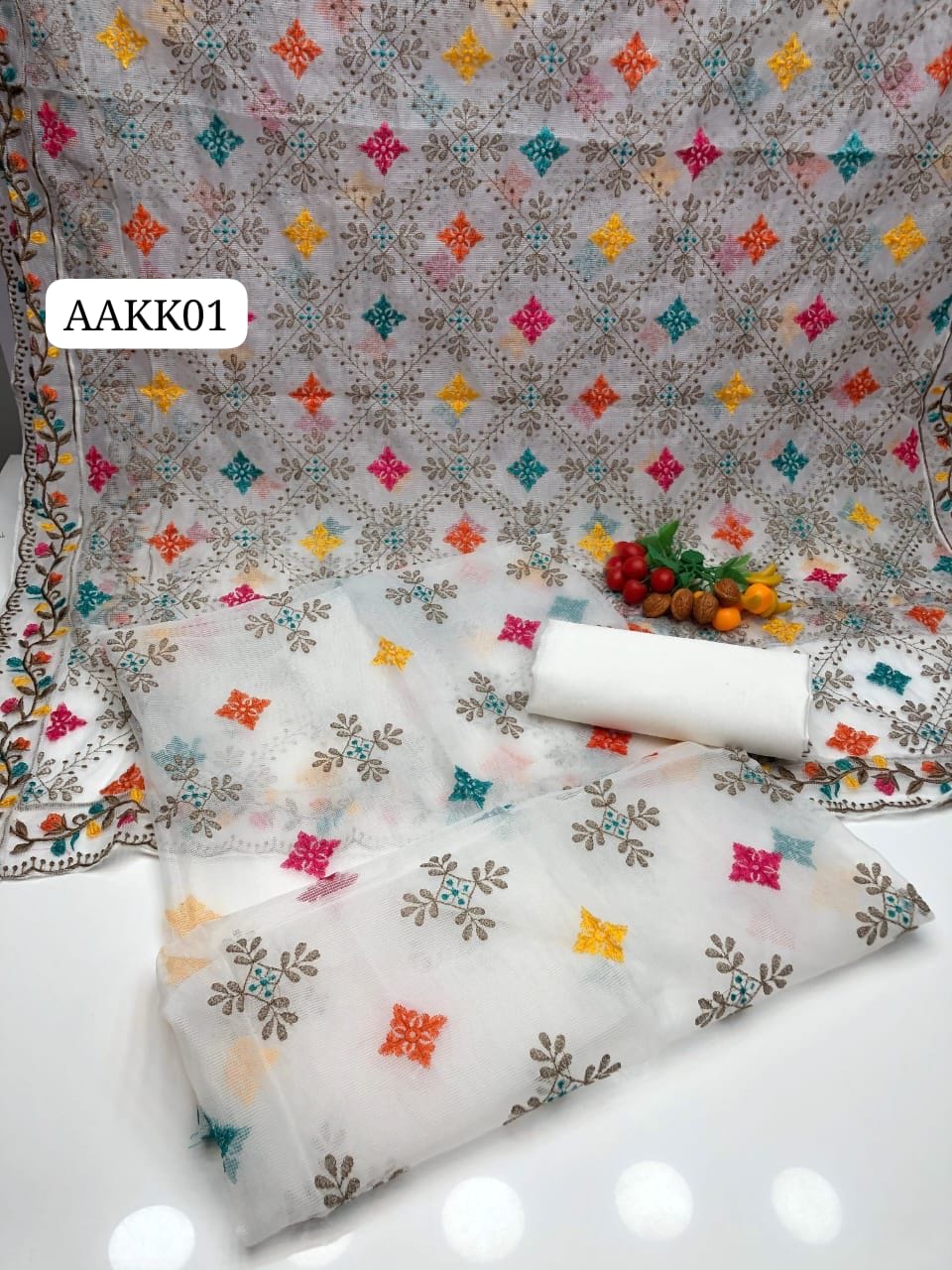 Stuff Khaadi Karandi Net Cross Stich Front Embroidery Shirt With Khaadi Karandi Full Jall Cross Stich Embroidery Dupatta And Kattan Silk Trouser 3PC Dress