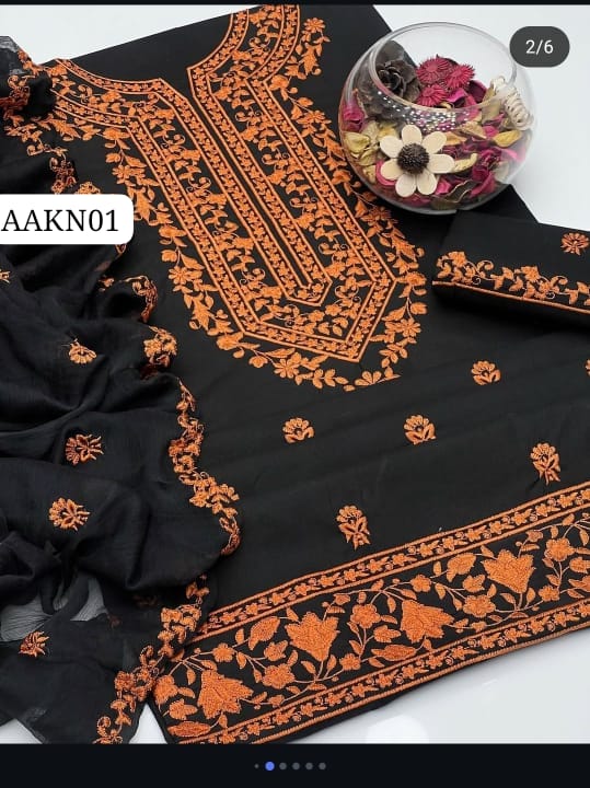 Stuff Lawn Cross Stich Embroidery Shirt And Karinkle Chiffon Embroidery Dupatta With Embroidery Trouser 3PC Dress