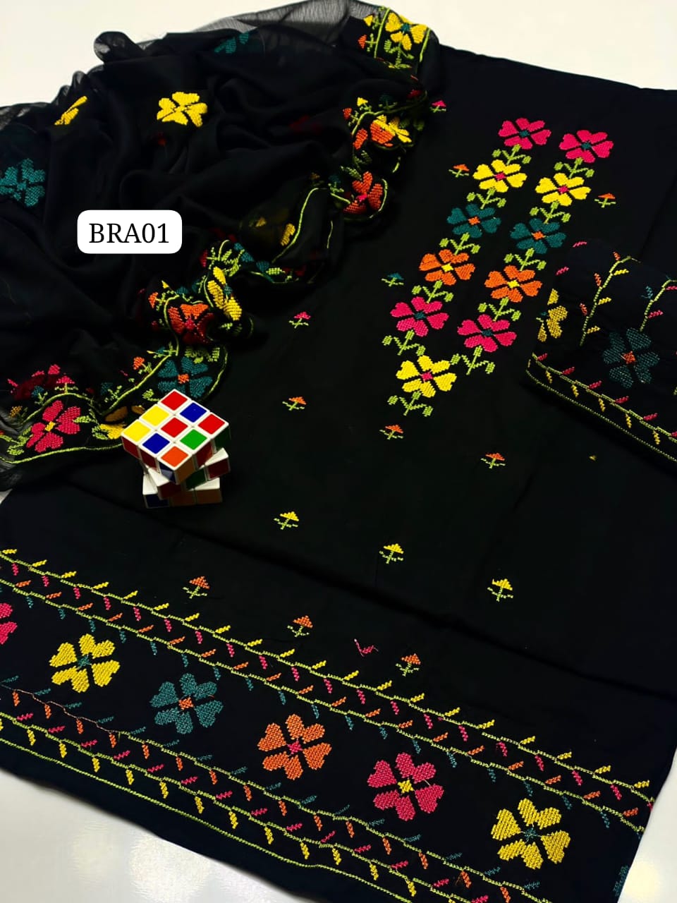 Stuff Cotton Front FUll Gala Daman Embroidery Shirt And Chiffon Embroidery Dupatta And Embroidery Trouser 3PC Dress