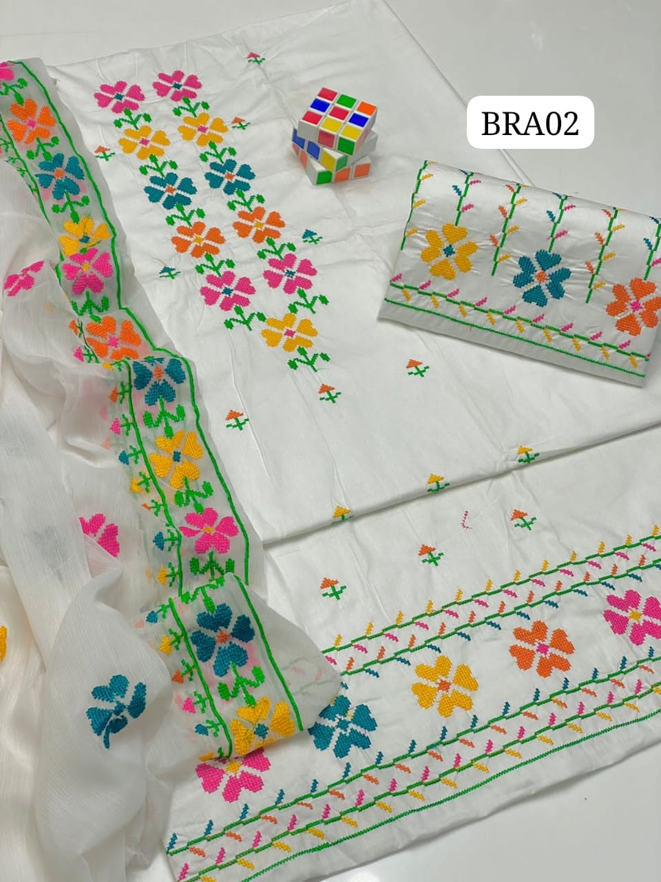 Stuff Cotton Front FUll Gala Daman Embroidery Shirt And Chiffon Embroidery Dupatta And Embroidery Trouser 3PC Dress