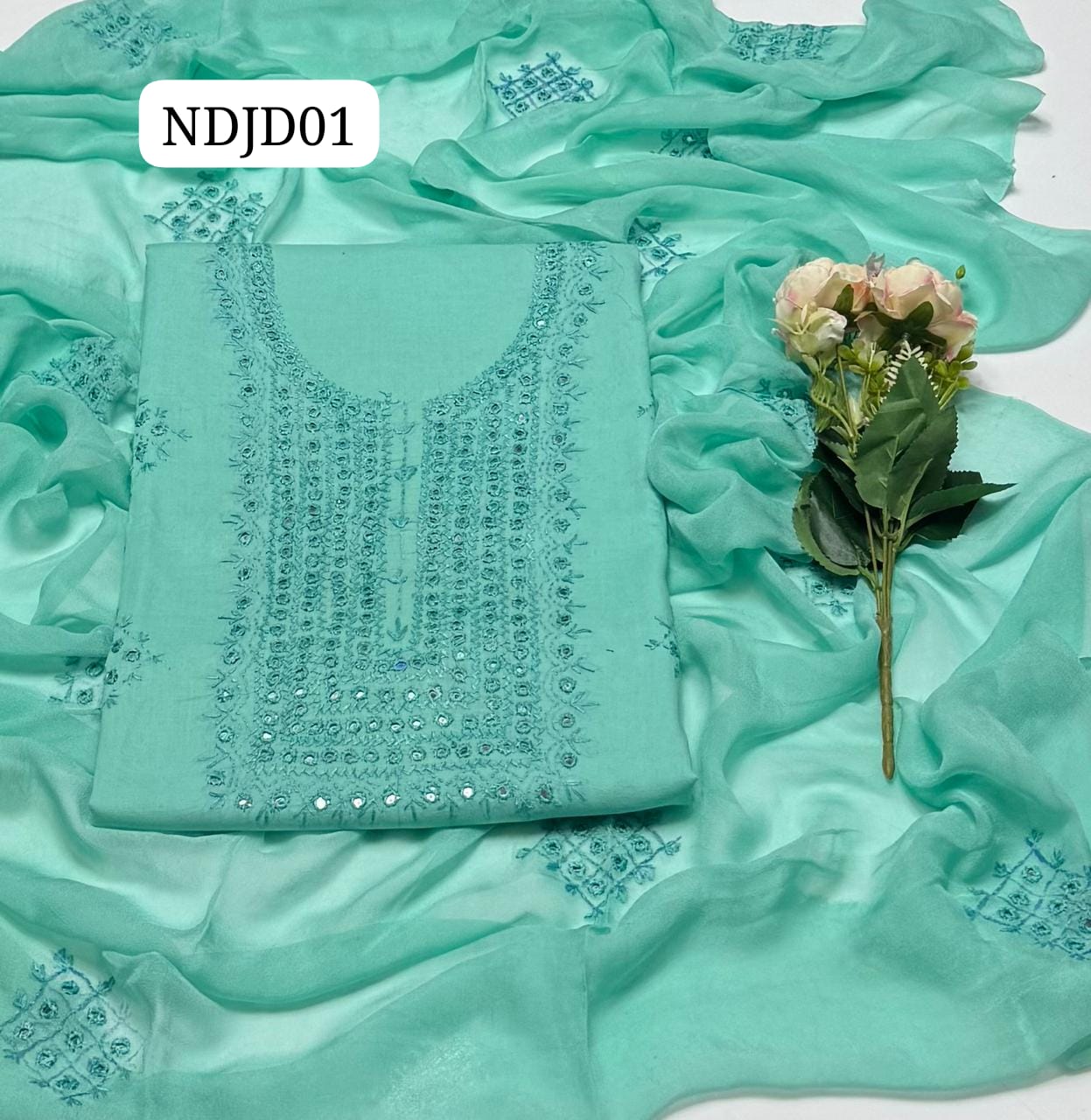 Most Demanding Handmade Artical Stuff Soft  Lawn original mirror work Shirt, Attach Trouser Along With Chiffon Embroided Dupatta 3pcs Dress