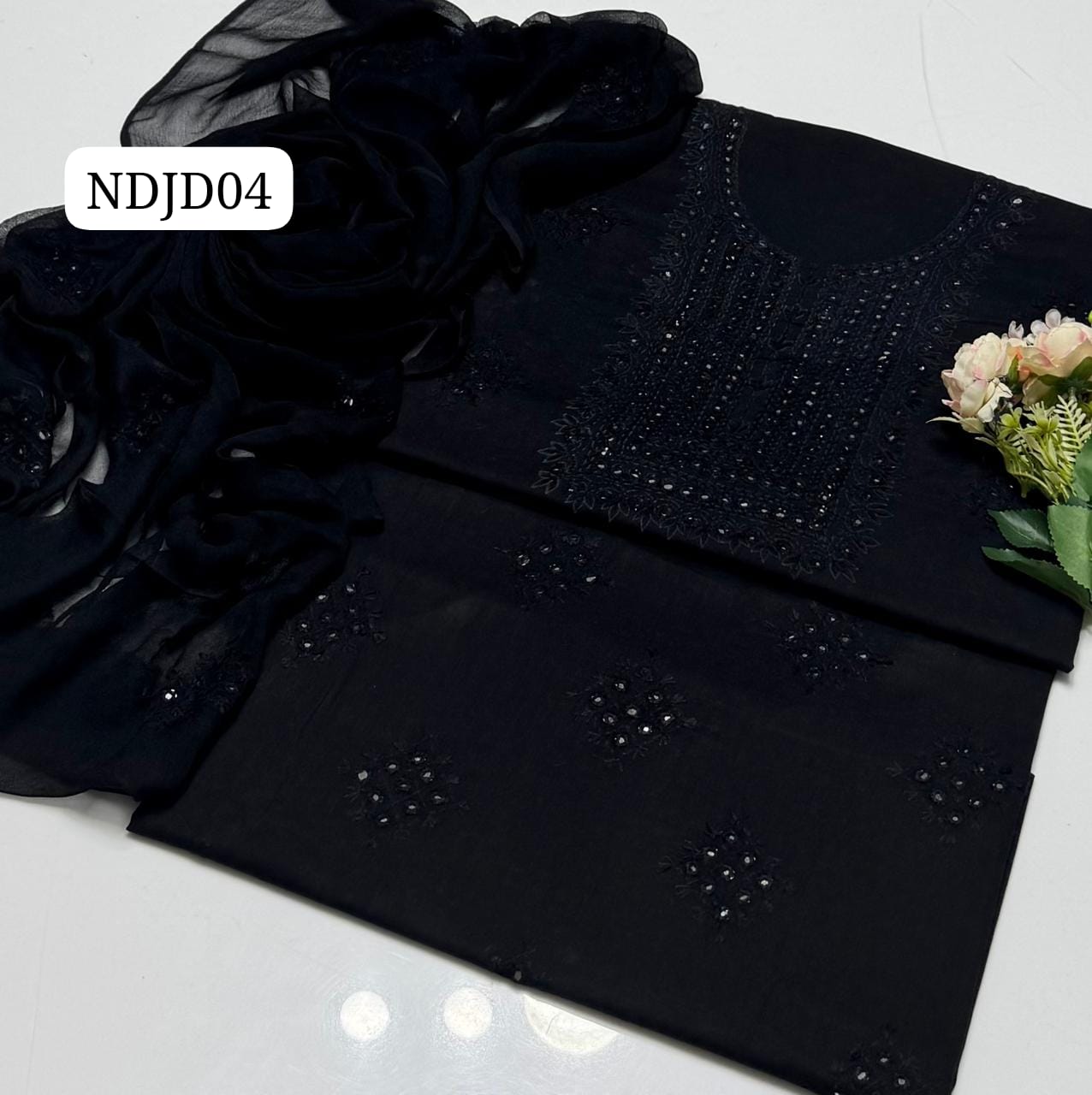 Most Demanding Handmade Artical Stuff Soft  Lawn original mirror work Shirt, Attach Trouser Along With Chiffon Embroided Dupatta 3pcs Dress