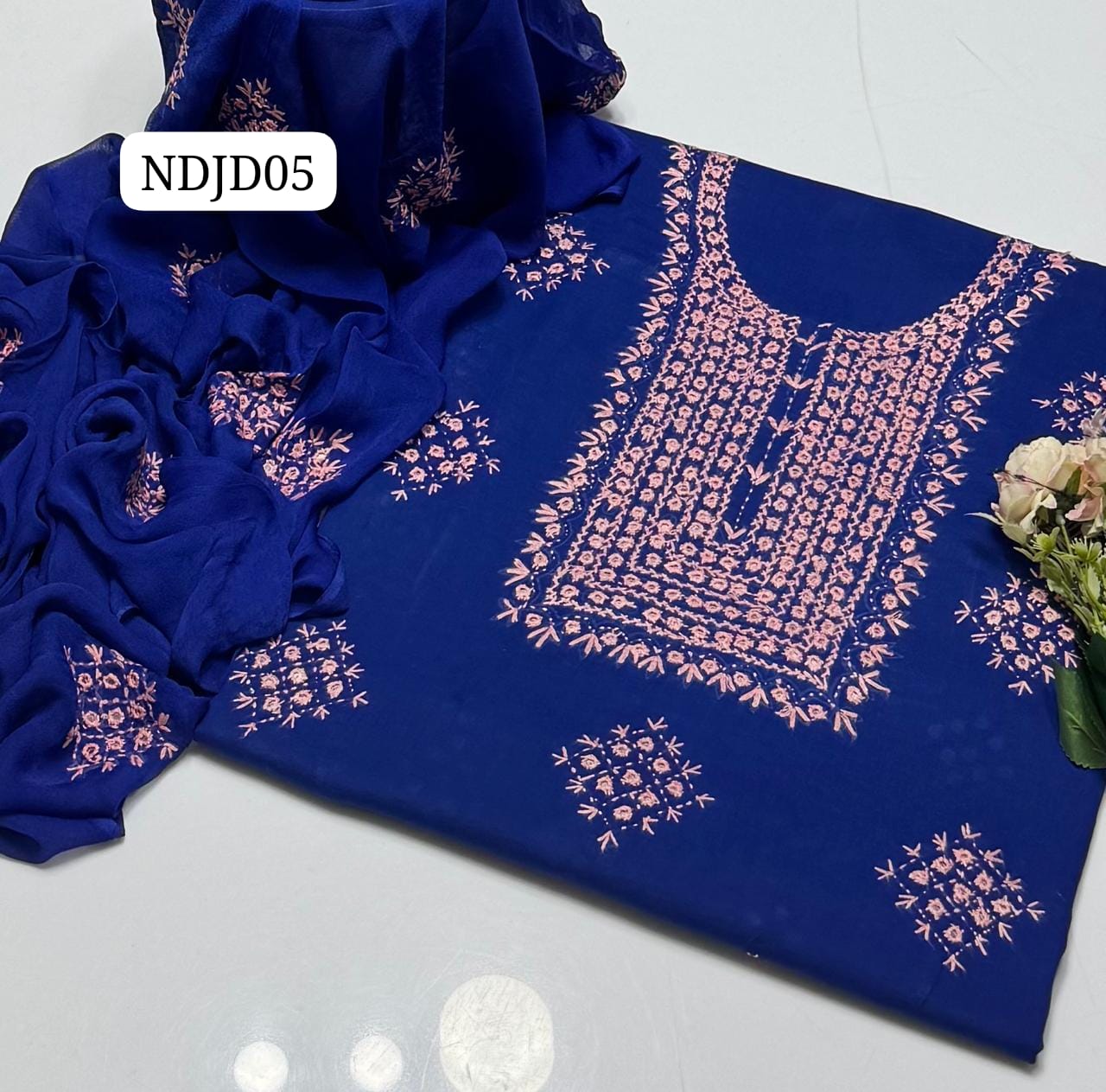 Most Demanding Handmade Artical Stuff Soft  Lawn original mirror work Shirt, Attach Trouser Along With Chiffon Embroided Dupatta 3pcs Dress