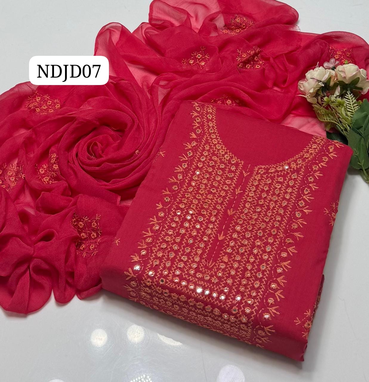 Most Demanding Handmade Artical Stuff Soft  Lawn original mirror work Shirt, Attach Trouser Along With Chiffon Embroided Dupatta 3pcs Dress