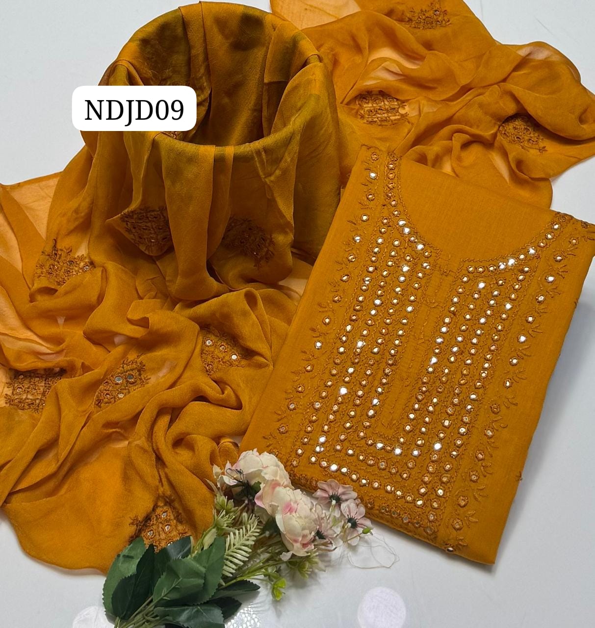 Most Demanding Handmade Artical Stuff Soft  Lawn original mirror work Shirt, Attach Trouser Along With Chiffon Embroided Dupatta 3pcs Dress