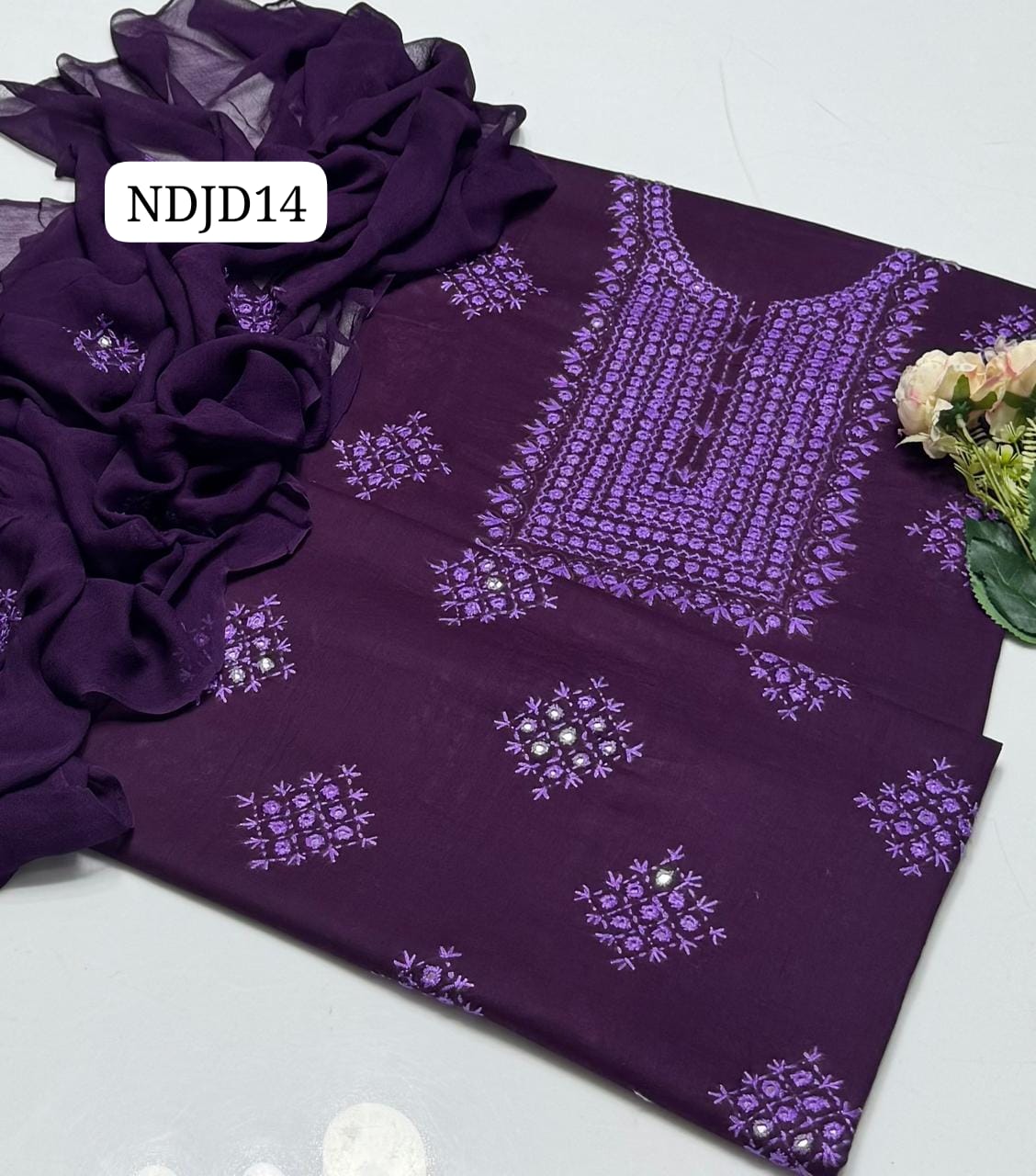 Most Demanding Handmade Artical Stuff Soft  Lawn original mirror work Shirt, Attach Trouser Along With Chiffon Embroided Dupatta 3pcs Dress