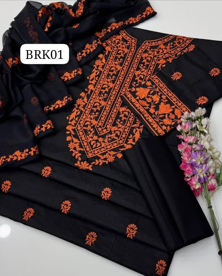 STuff Lawn Cotton Front Full Gala Panel Embroidery SHirt & Sleeves Embroidery And Embroidert Trouser WIth Chiffon Embroidery Dupatta 3PC Dress
