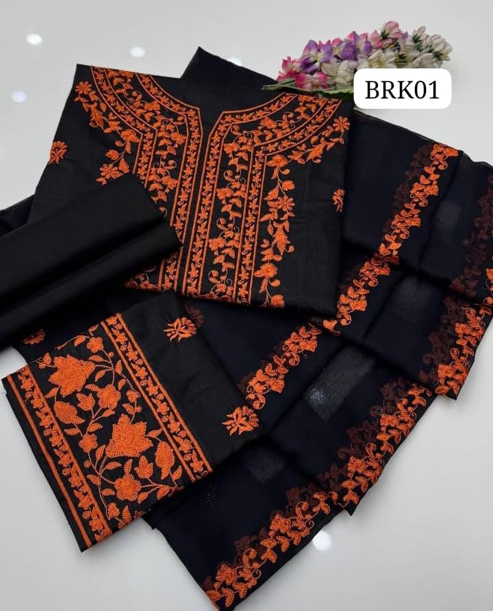 STuff Lawn Cotton Front Full Gala Panel Embroidery SHirt & Sleeves Embroidery And Embroidert Trouser WIth Chiffon Embroidery Dupatta 3PC Dress