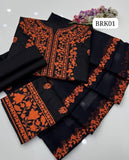 STuff Lawn Cotton Front Full Gala Panel Embroidery SHirt & Sleeves Embroidery And Embroidert Trouser WIth Chiffon Embroidery Dupatta 3PC Dress