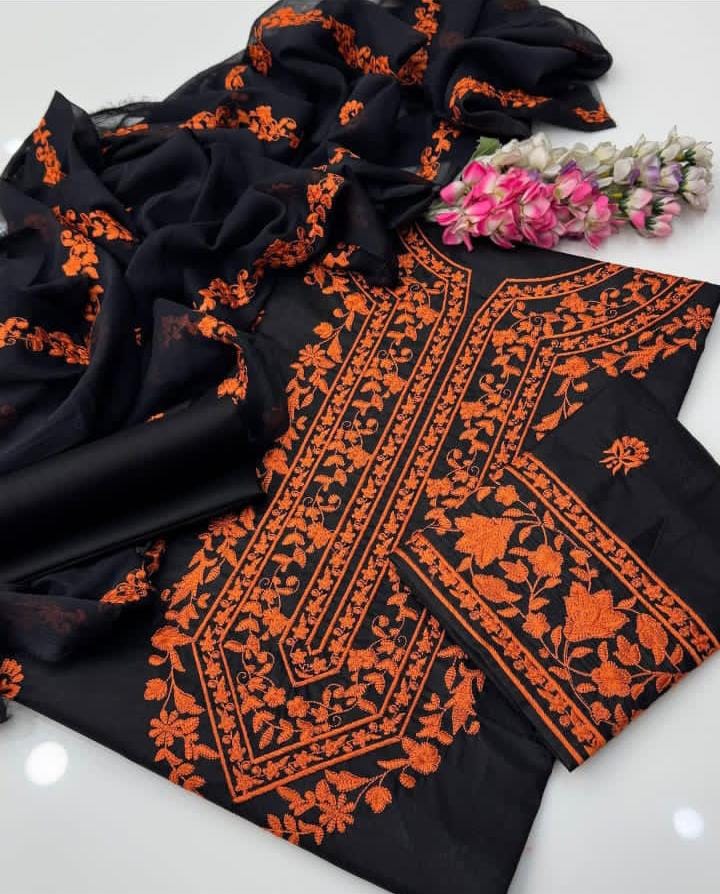 STuff Lawn Cotton Front Full Gala Panel Embroidery SHirt & Sleeves Embroidery And Embroidert Trouser WIth Chiffon Embroidery Dupatta 3PC Dress