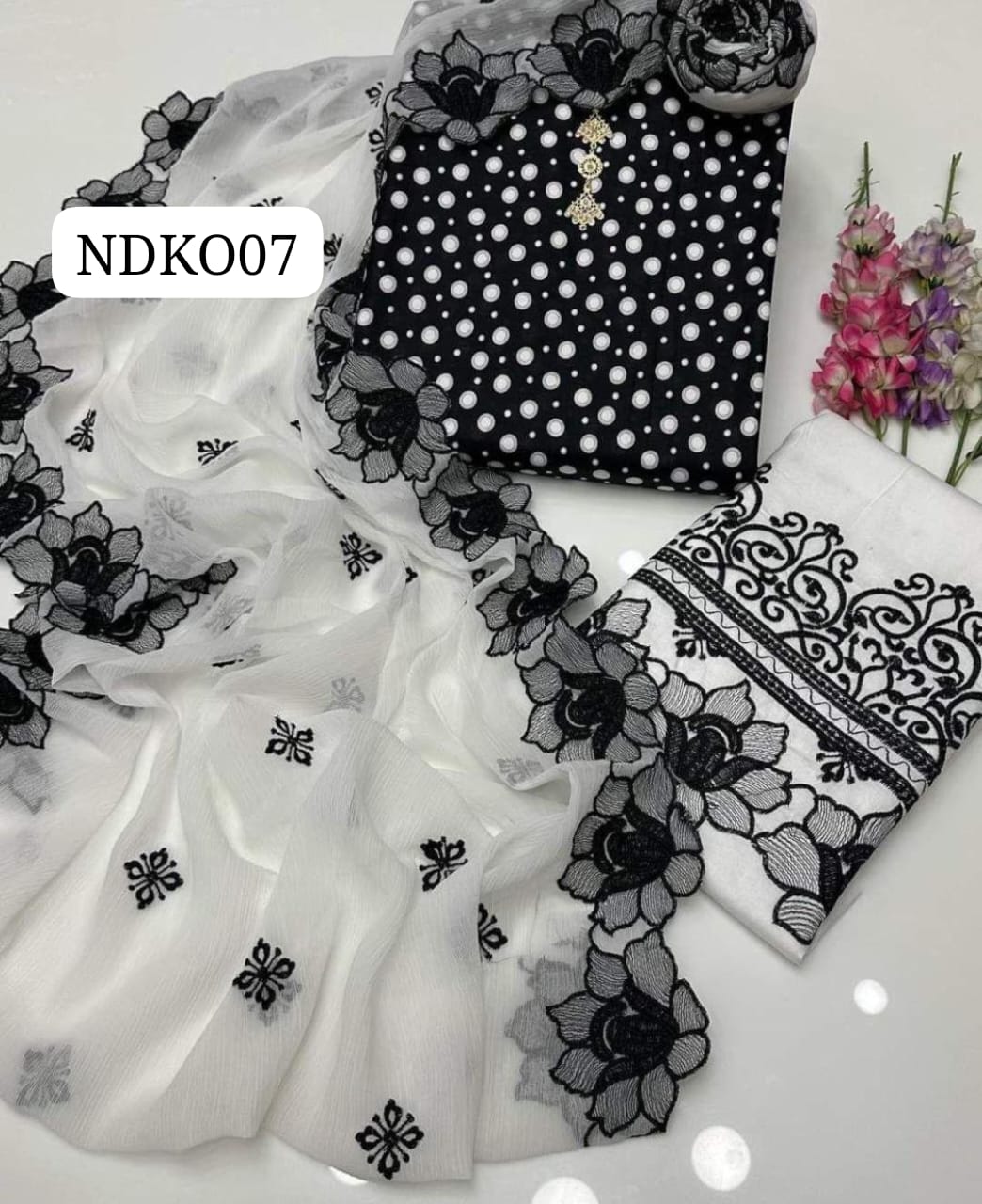Stuff Lawn Front Back Sleeves Polka Digital Print Shirt And Embroidery Trouser With Chiffon Cut Work Embroidery Dupatta 3PC Dress