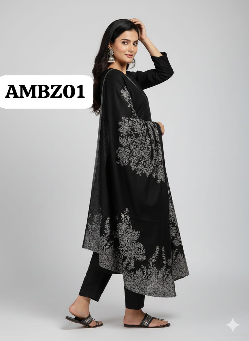 STuff Marina Plain Shirt And Trouser With Heavy indian broshia 3D Big sizes flowers Shawl 3PC Dress