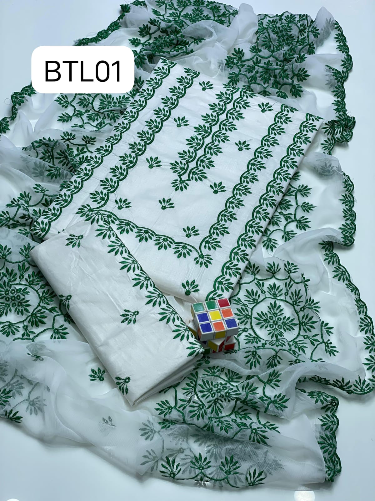 STuff Lawn Cotton Front Full Gala Daman Embroidery Shirt And Chiffon CutWork Embroidery Dupatta ANd Embroidery Trouser 3PC Dress
