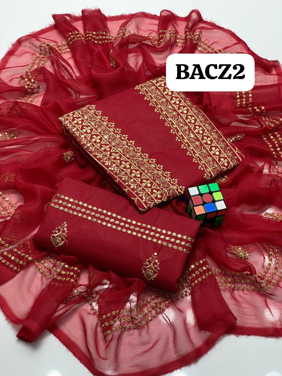 Stuff Soft Lawn Cotton 3MM Sequence Work Balti Gala Daman SHirt And Chiffon Embroidery Dupatta And Embroidery Trousser 3PC Dress