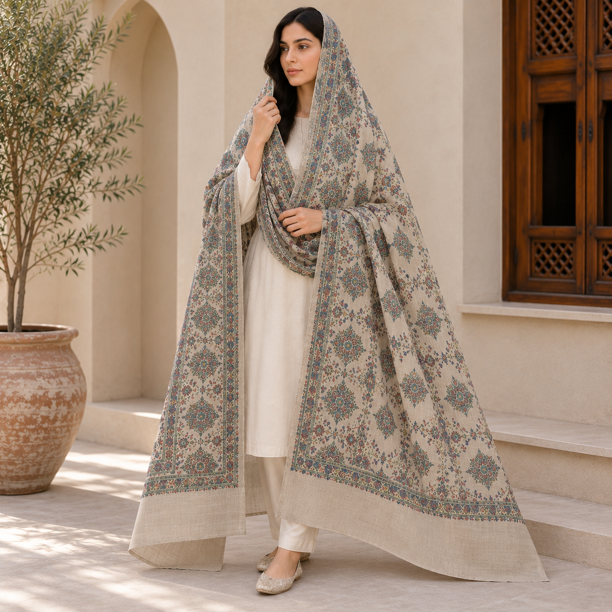 Winter Pashmina Block Print With Handmade Soi Embroidery Shawl