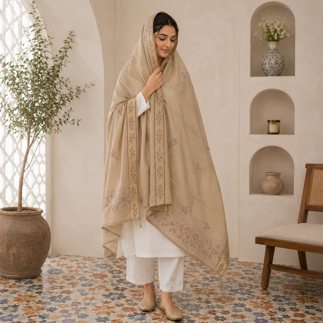 Pure Lawn Jacquard Border With Handmade Embroidery Chaddar