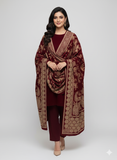 Stuff Wool Plain SHirt And Trouser WIth Wool Beautiful Heavy velvet + tilla Jacquard work Shawl 3PC Dress