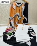 Calligraphy Digital Print Swiss Lawn Dupatta Along Wit Kattan Silk Shirt And Trouser 3PC Dress