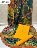 Calligraphy Digital Print Swiss Lawn Dupatta Along Wit Kattan Silk Shirt And Trouser 3PC Dress