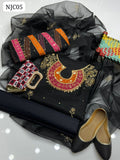 Organza Handmade + Aari Zari Beeds And Gota Work Applic Shirt With Heavy Bazo Patch Work With Aari Work Organza Dupatta And Kataan Silk Trouser 3Pc Dress With Matching Khussa & Matching Clutch