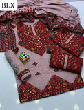 Stuff Soft Khaadi Cotton &nbsp;Gala Daman Heavy Balochi Embroidery Shirt And 2 Border Pallu Heavy Shawl And Embroidery Trouser 3PC Dress