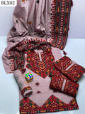 Stuff Soft Khaadi Cotton &nbsp;Gala Daman Heavy Balochi Embroidery Shirt And 2 Border Pallu Heavy Shawl And Embroidery Trouser 3PC Dress