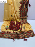 Stuff Soft Khaadi Cotton &nbsp;Gala Daman Heavy Balochi Embroidery Shirt And 2 Border Pallu Heavy Shawl And Embroidery Trouser 3PC Dress