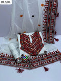 Stuff Soft Khaadi Cotton &nbsp;Gala Daman Heavy Balochi Embroidery Shirt And 2 Border Pallu Heavy Shawl And Embroidery Trouser 3PC Dress