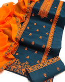 Stuff Cotton Front Gala Daman Embroidery Shirt And Chiffon Heavy Embroidery Dupatta WIth Embroidery Trouser 3PC Dress