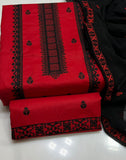 Stuff Cotton Front Gala Daman Embroidery Shirt And Chiffon Heavy Embroidery Dupatta WIth Embroidery Trouser 3PC Dress